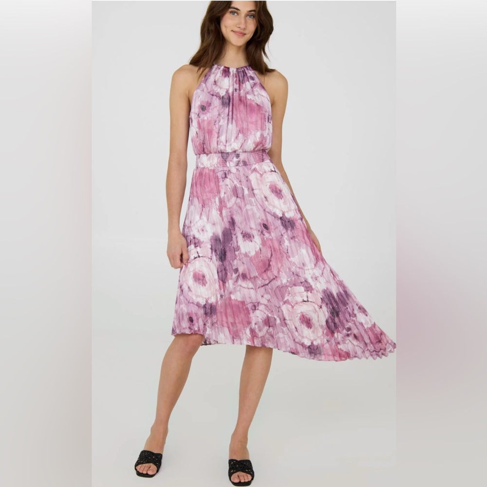 Halter Pleated Asymmetrical Floral Dress